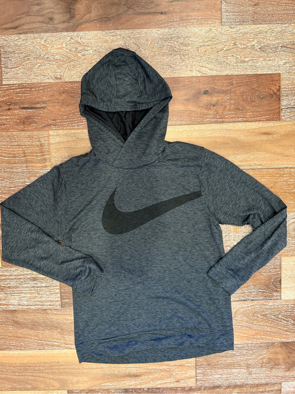 Nike Dri-Fit Gray Hoodie Hooded Athletic Shirt w/ Black Swoosh - Youth Large